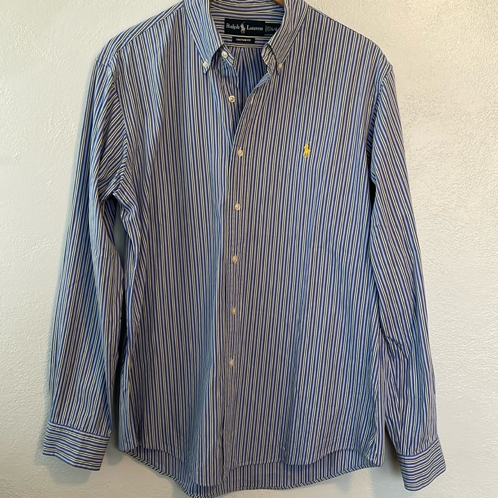 Ralph Lauren Men's Blue Yellow White Button Down Long Sleeve Striped‎ Shirt L